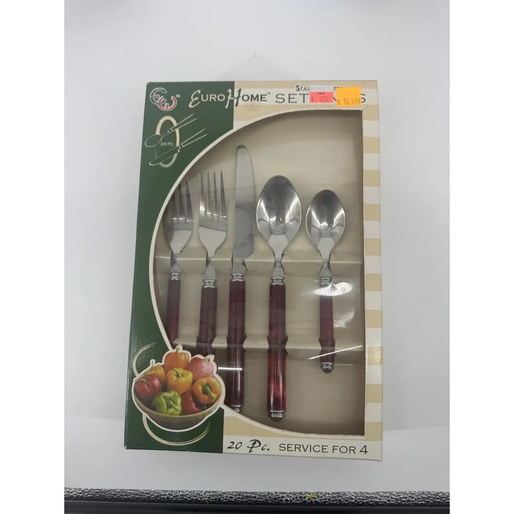 Vintage EuroHome 20 Pc Flatware Service for 4 Marbled Burgundy Stainless Steel